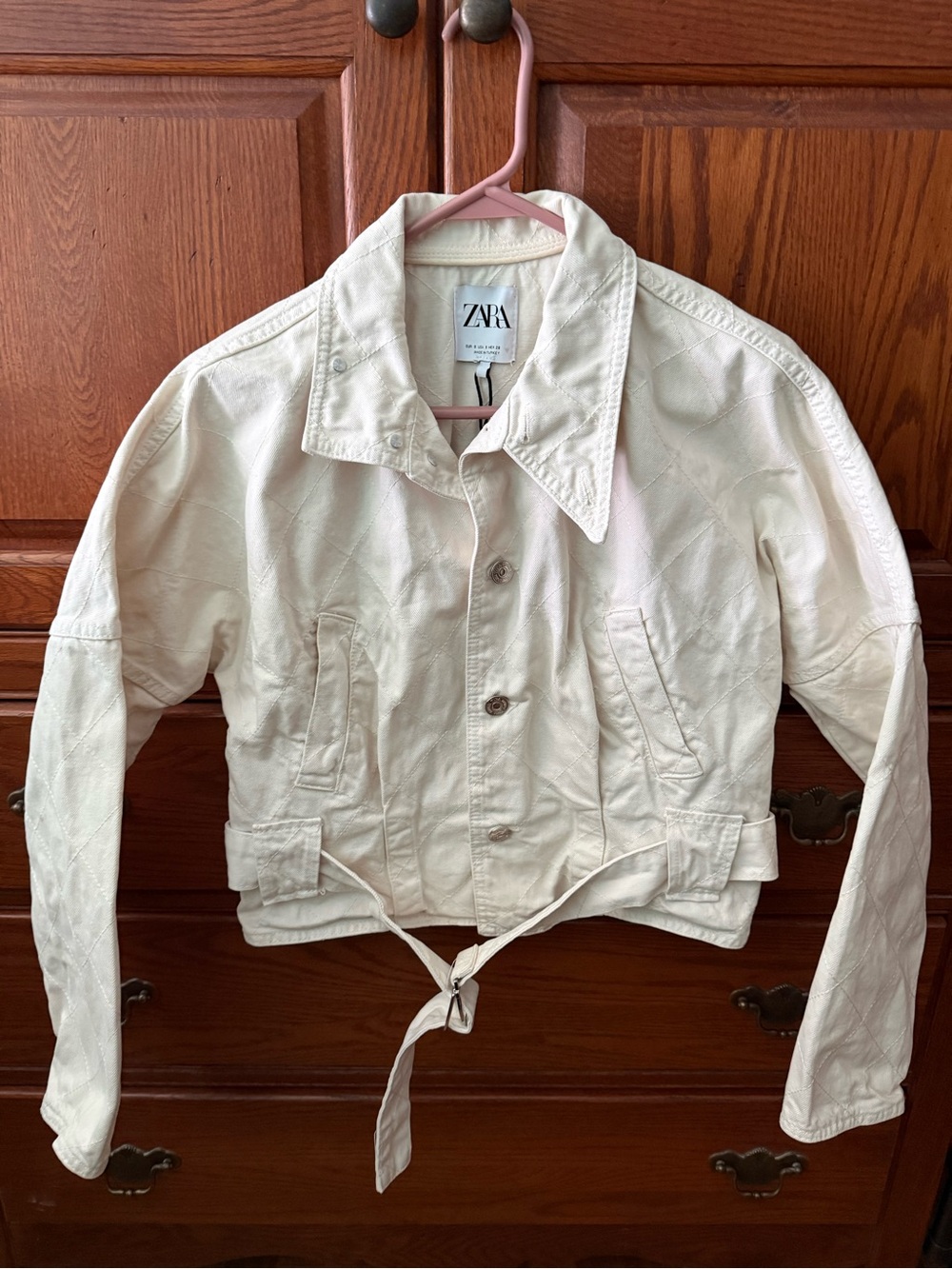 ZARA Cream Tie-Waist Cropped Jean Jacket